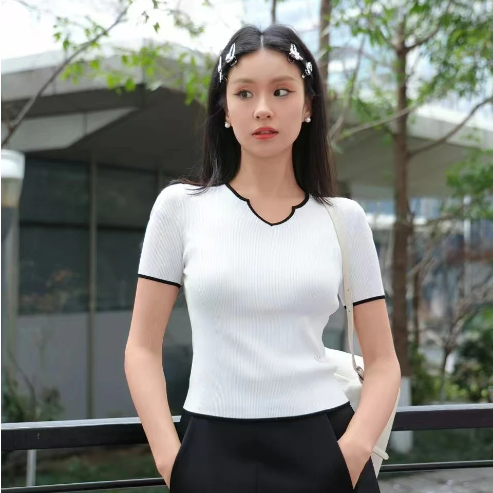 AMAS【专柜】商场同款夏款撞色桃心领修身短袖套头针织T恤女138005