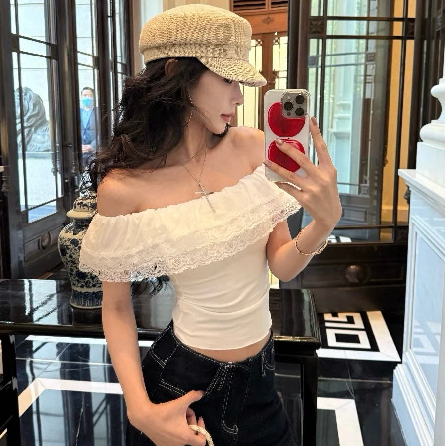 法式荷叶边一字肩短袖T恤女夏季2025新款蕾丝短款纯欲设计感上衣