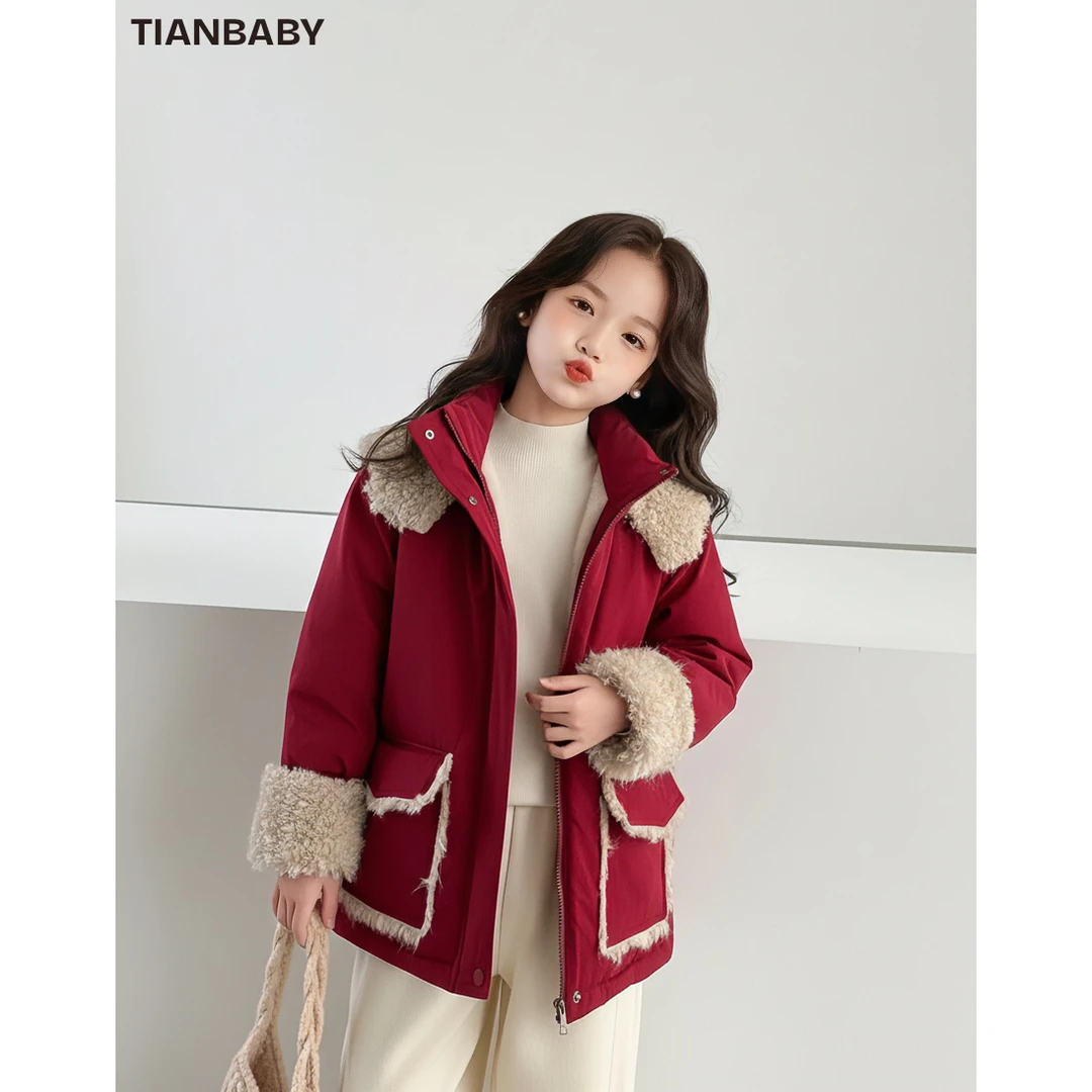 甜野家【扑扑脸】女童红色毛毛年服连帽加绒夹棉棉服2025冬季中大童