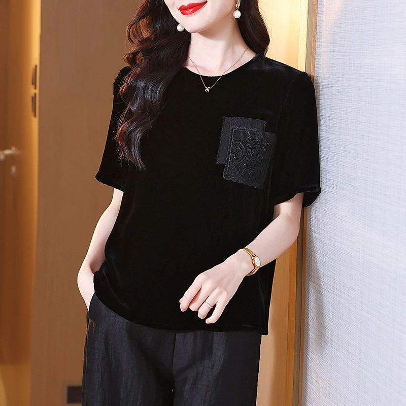 夏款黑色真丝丝绒t恤上衣女宽松休闲圆领短袖口袋百搭桑蚕丝小衫