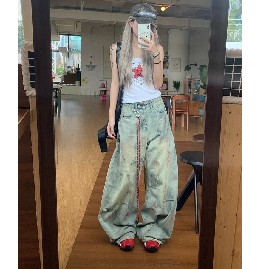 【现货+运费险+送挂绳】美式弯刀牛仔裤女秋季宽松阔腿拖地镰刀裤子