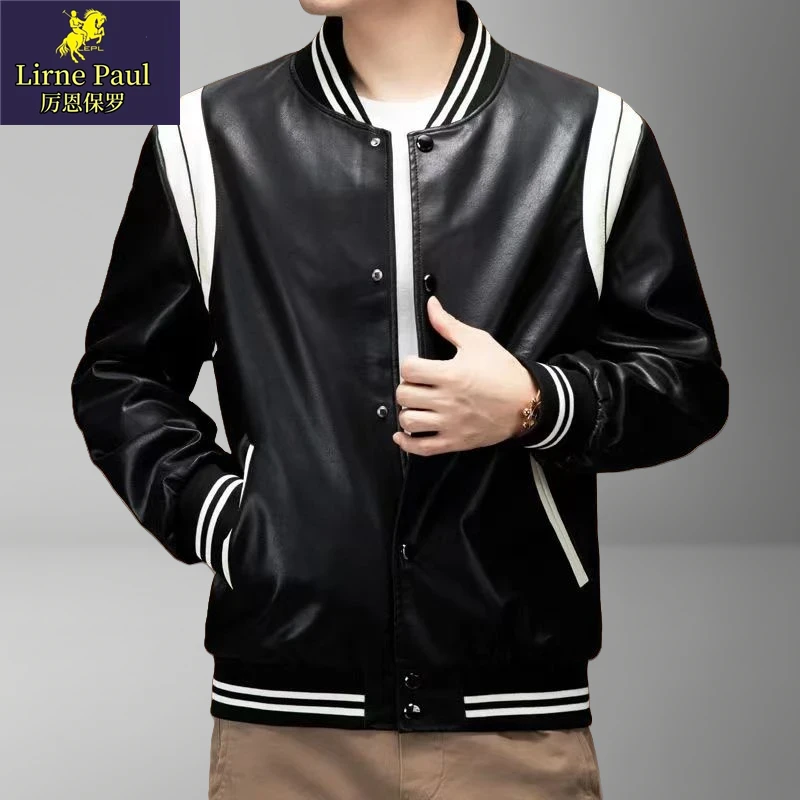 厉恩保罗春秋季新款男女同款棒球领拼色皮衣夹克外套上衣时尚百搭
