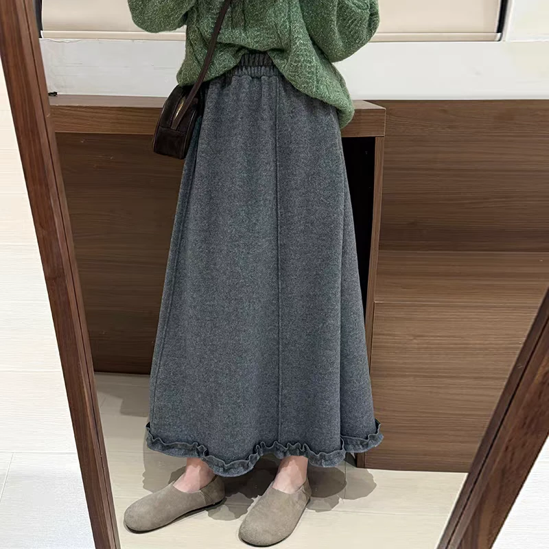 H6679 木耳边裙摆高腰半身裙 长款显瘦复古风秋冬百搭通勤裙