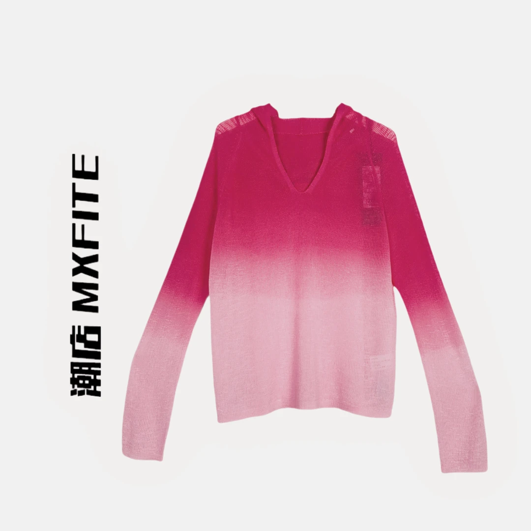 MXFITE潮店春季新款个性渐变V领连帽长袖套头针织衫（ZHC50975）