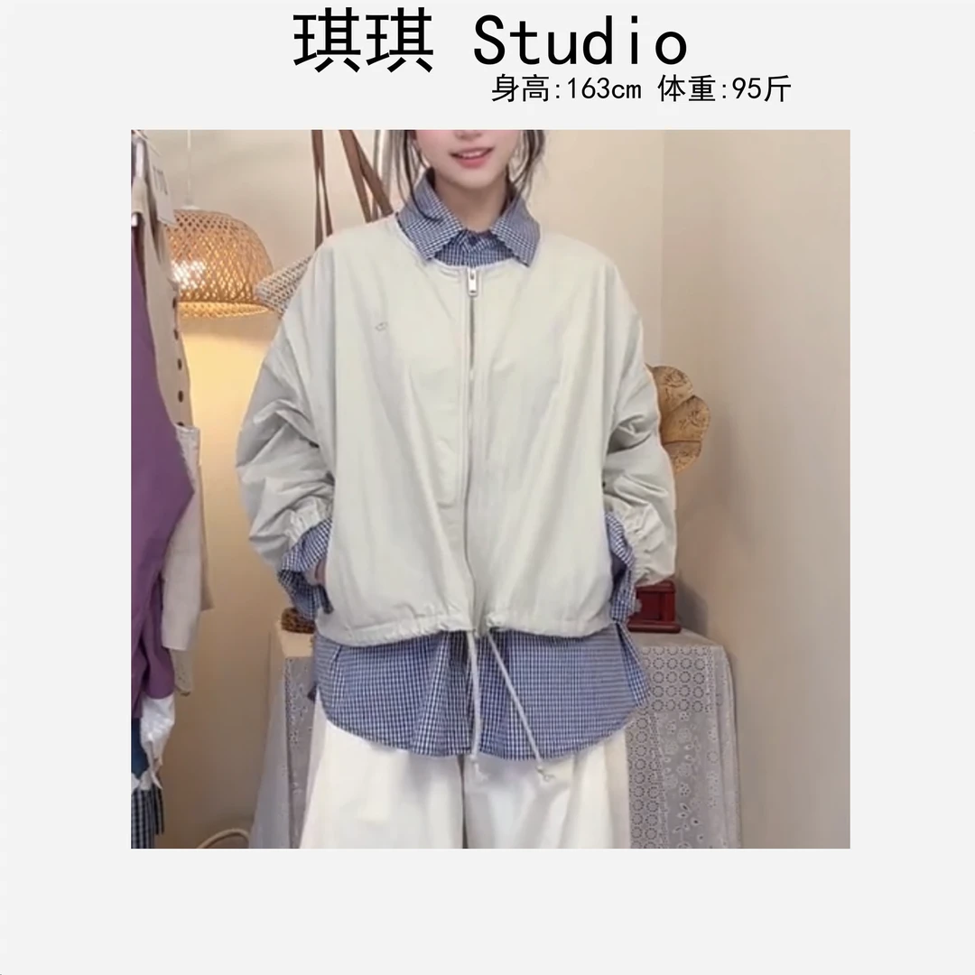 春季新款重工设计拼接格子翻领假两件拉链标志蝴蝶结外套90037-G
