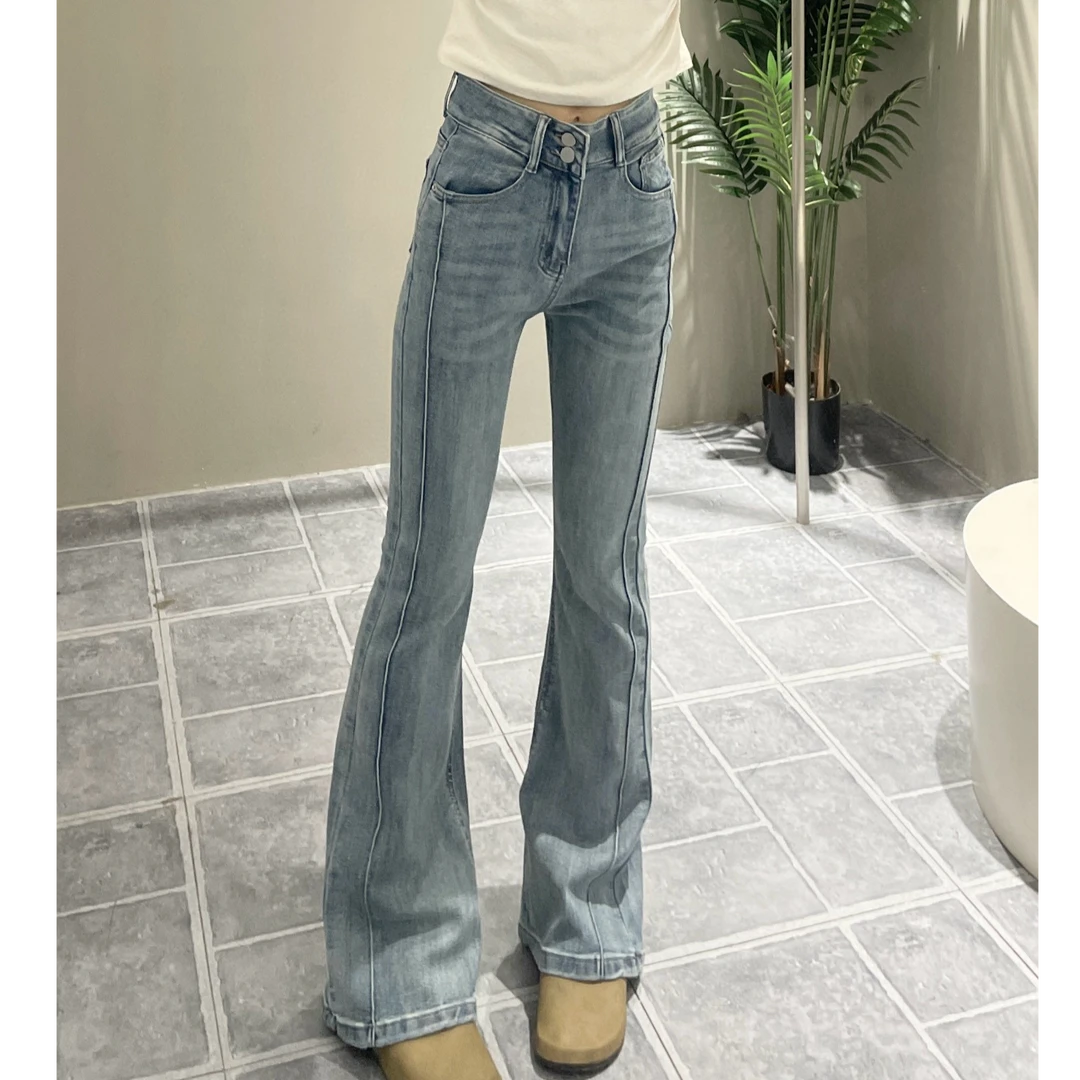 ZS5519修饰腿型双排扣微喇裤牛仔裤高腰显瘦时尚修身设计感小众