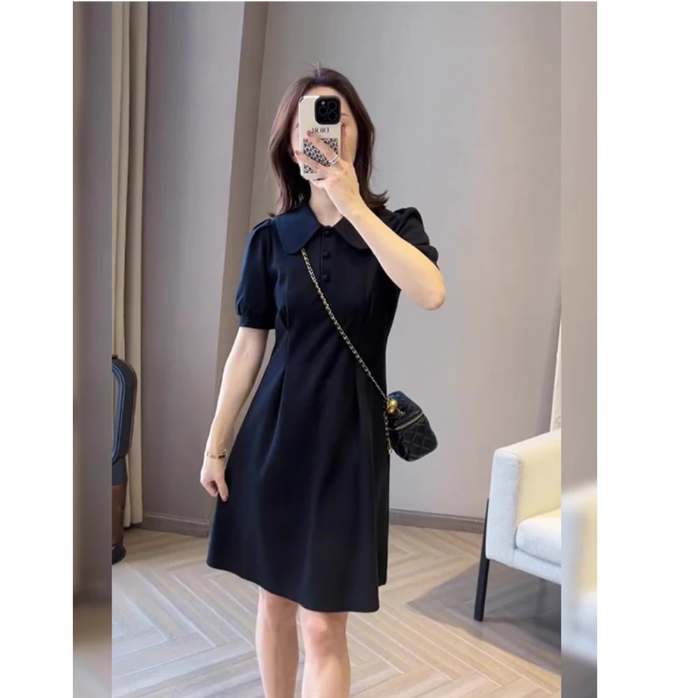 夏薄款大码遮肚子气质简约连衣裙胖妹妹收腰显瘦泡泡袖Polo小黑裙