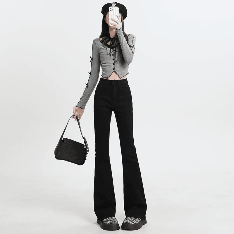 微喇牛仔裤女早秋大码胖mm梨形身材弹力显瘦遮胯喇叭裤子-3020