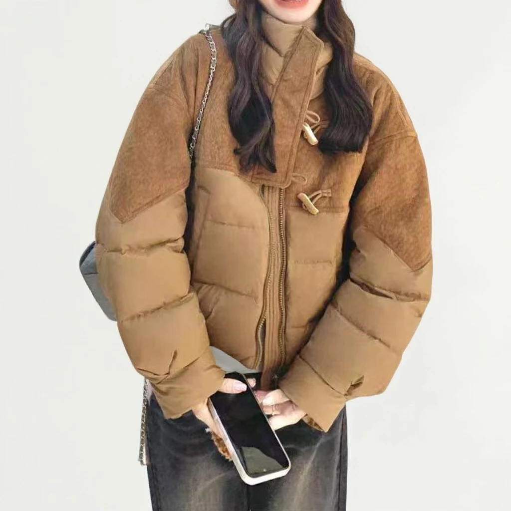 女式时尚短款拼接牛角扣 网红 时尚小个子保暖外套