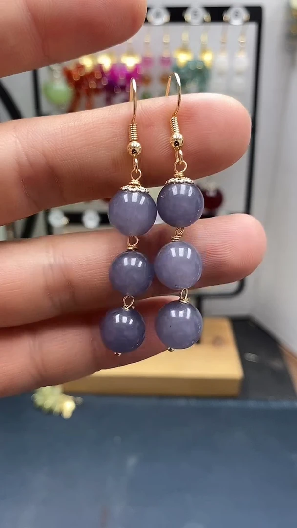 银S925镀金镶嵌和田玉耳饰尺寸10mm烟紫连珠