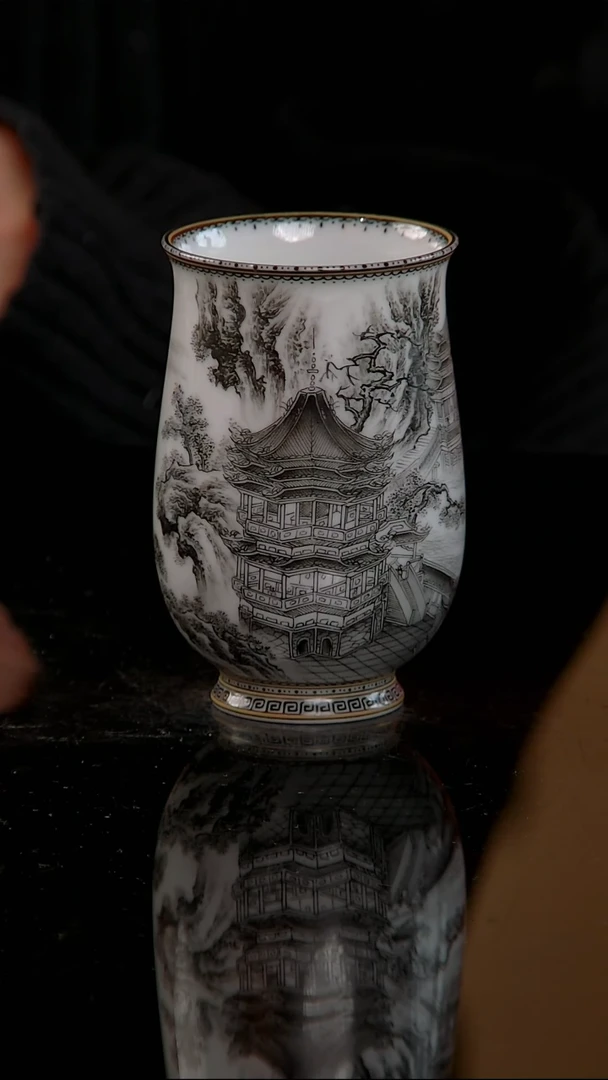 雾雪山坊重工墨彩界画楼阁山水闻香杯