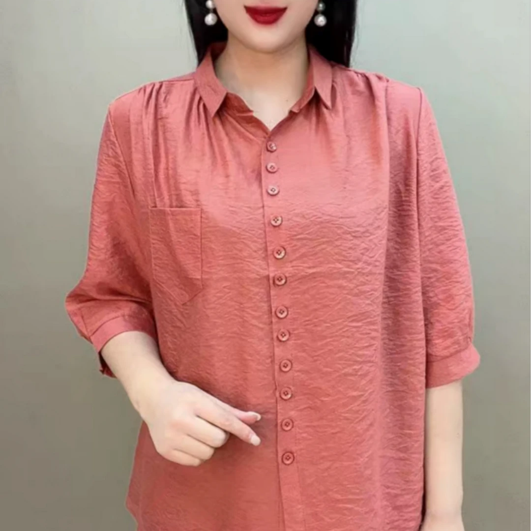 翻领百搭2025韩版新款宽松显瘦女装小衬衫夏季七分袖中老年妈妈装