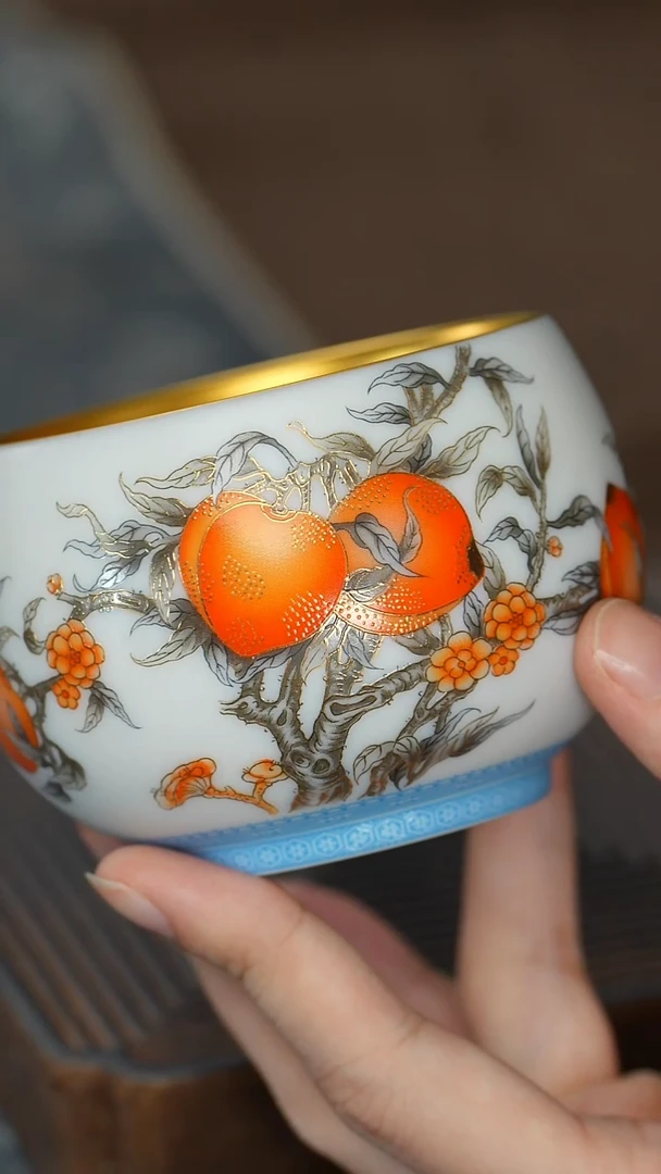 【鎏金羊脂玉寿桃杯（叶子）】【蓝12西泠礼盒】
