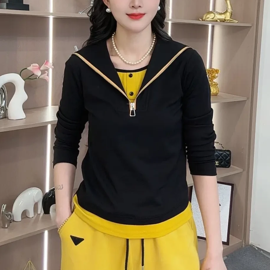 春季新品时尚百搭修身显瘦设计感半拉链海军领拼接女士长袖上衣