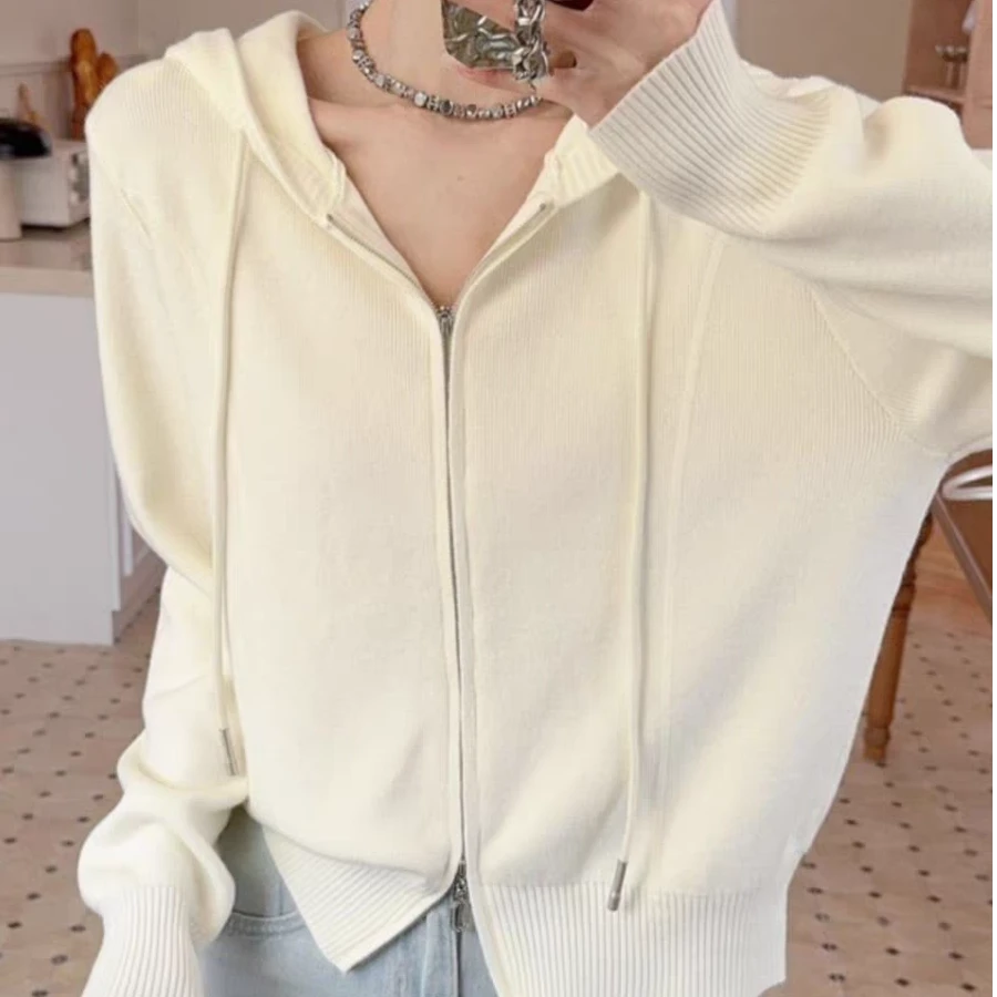 7358连帽双拉链软糯长袖针织开衫毛衣外套女春季时尚气质百搭上衣