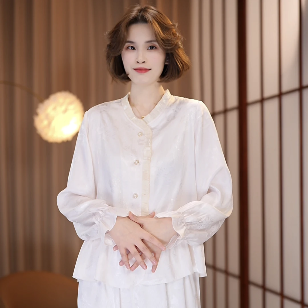 【玉如兰】新款睡衣女V领宫廷风蝴蝶提花家居服可外穿