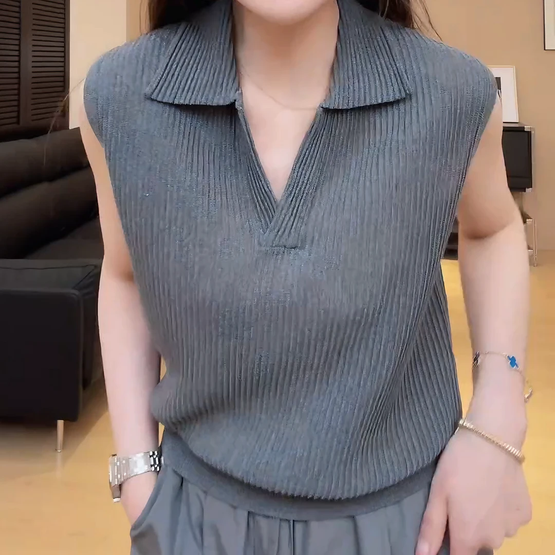 2025夏季城市通勤百搭小翻领冰感无袖简约针织上衣女LK2504311