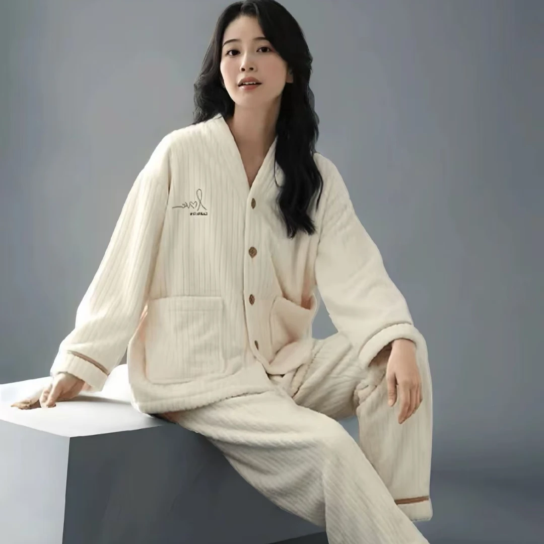 高档女士睡衣冬款法兰绒加绒加厚珊瑚绒家居服冬天保暖