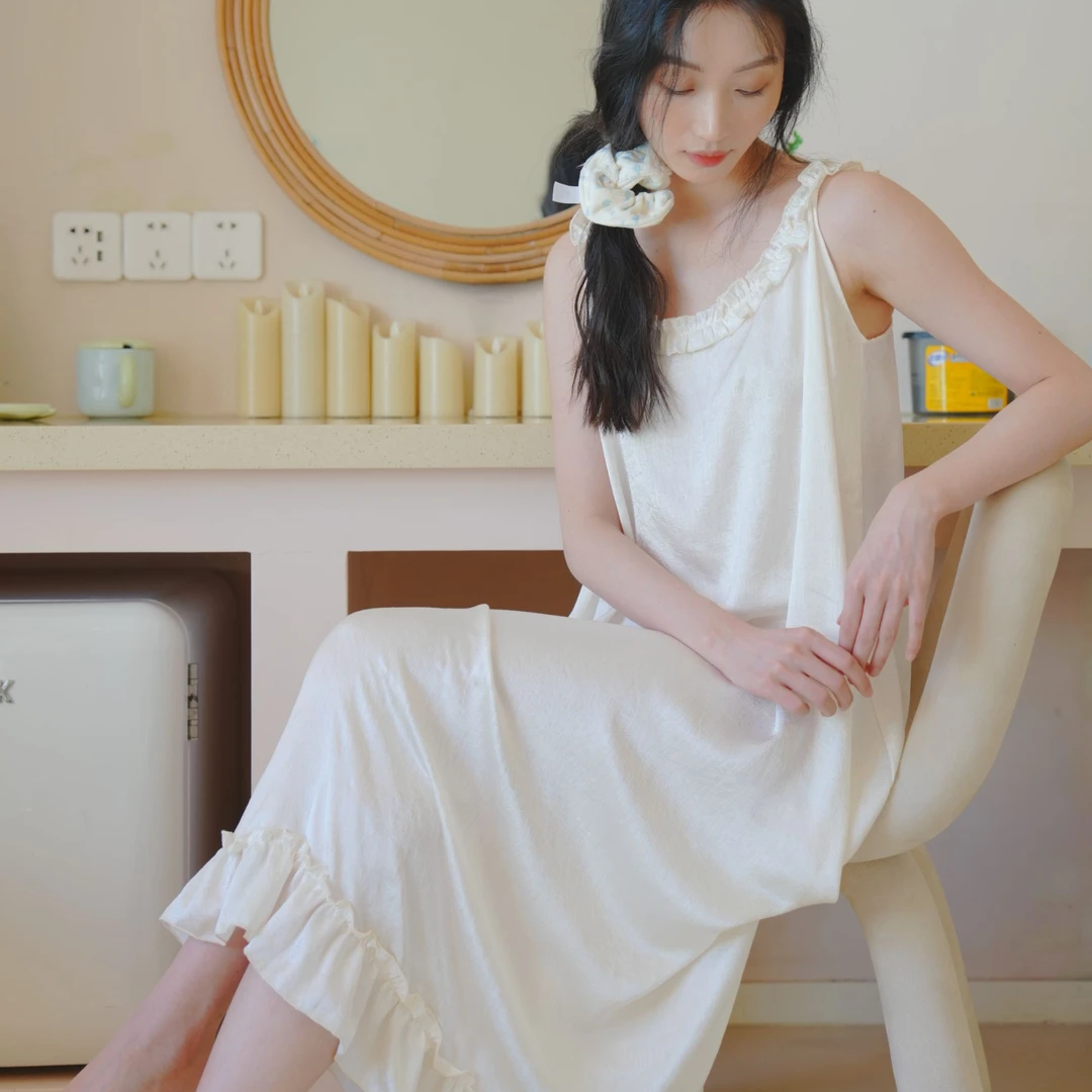 法式少女流光睡裙甜美花边睡衣复古宫廷风缎面舒适冰丝长款家居服