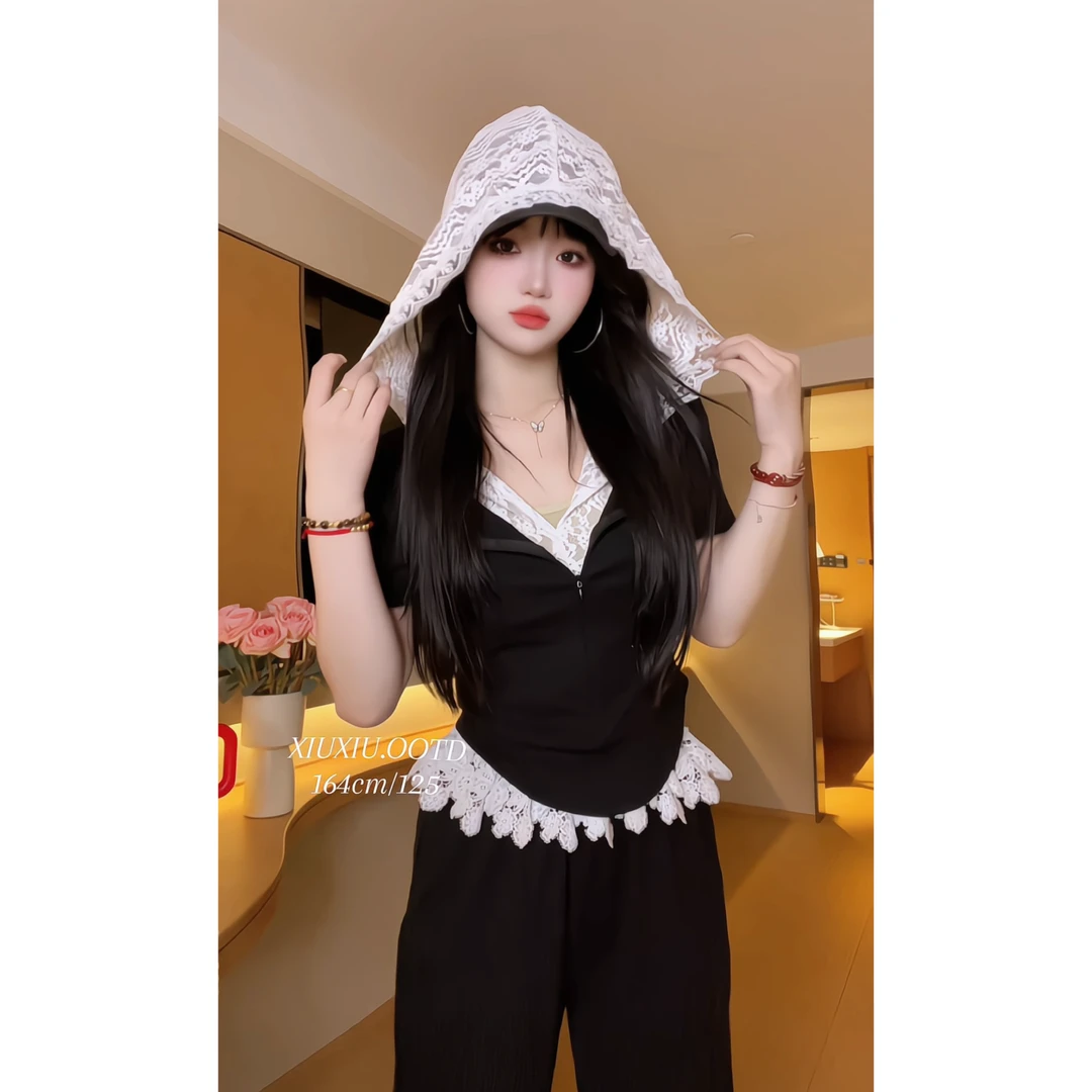 【纯氧少女】夏季慵懒拼接蕾丝连帽短袖阔腿裤套装高腰直筒裤两件套