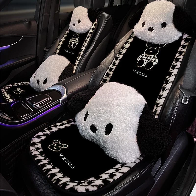 冬季加绒汽车坐垫毛绒垫子保暖千鸟格小熊卡通可爱通用座垫