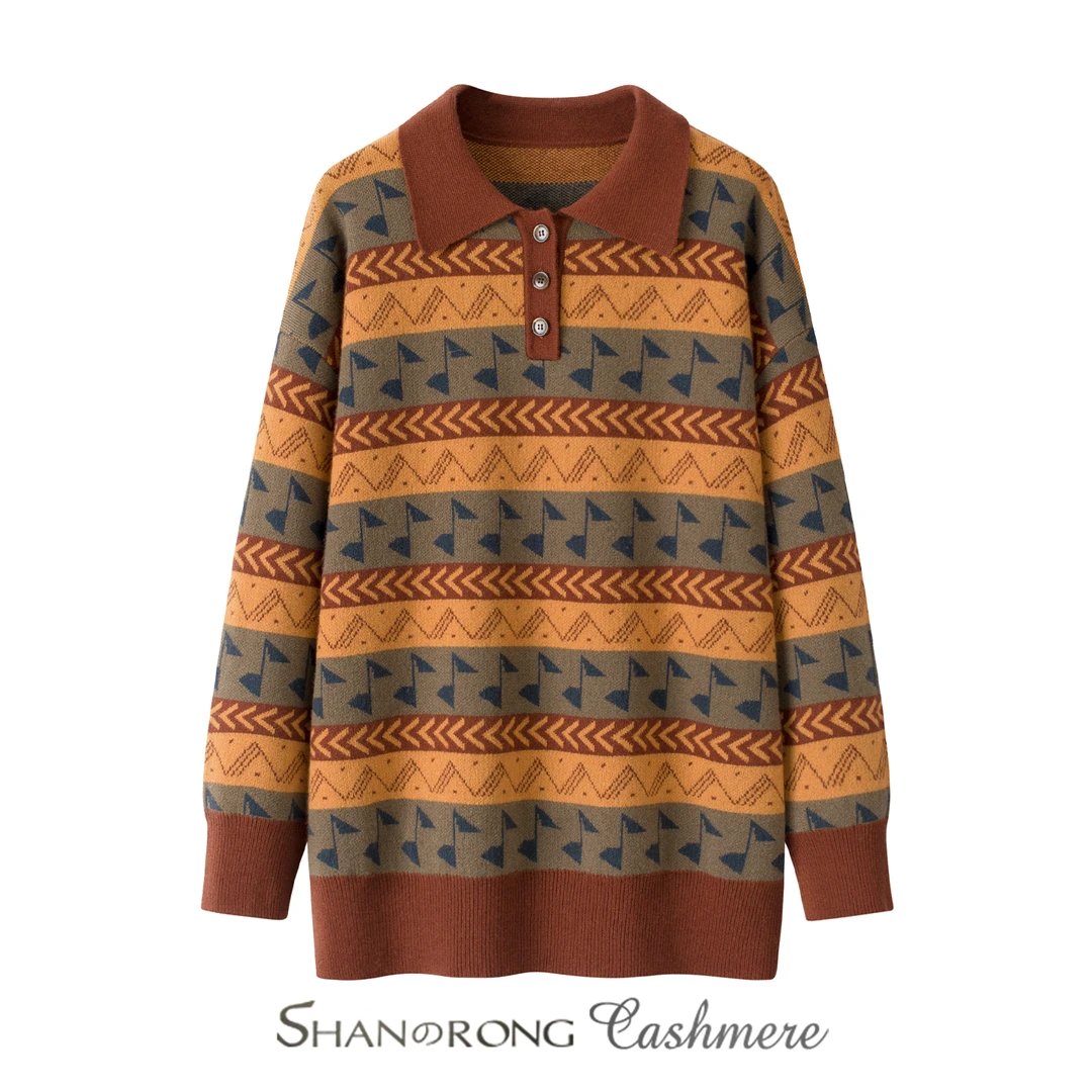 双11专属100%纯山羊绒秋冬长袖翻领高领羊绒衫针织衫复古POLO领