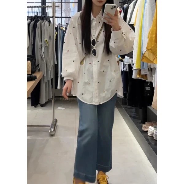 春秋款新中式娃娃领重工衣服爱心刺绣衬衫女宽松显瘦上衣洋气潮