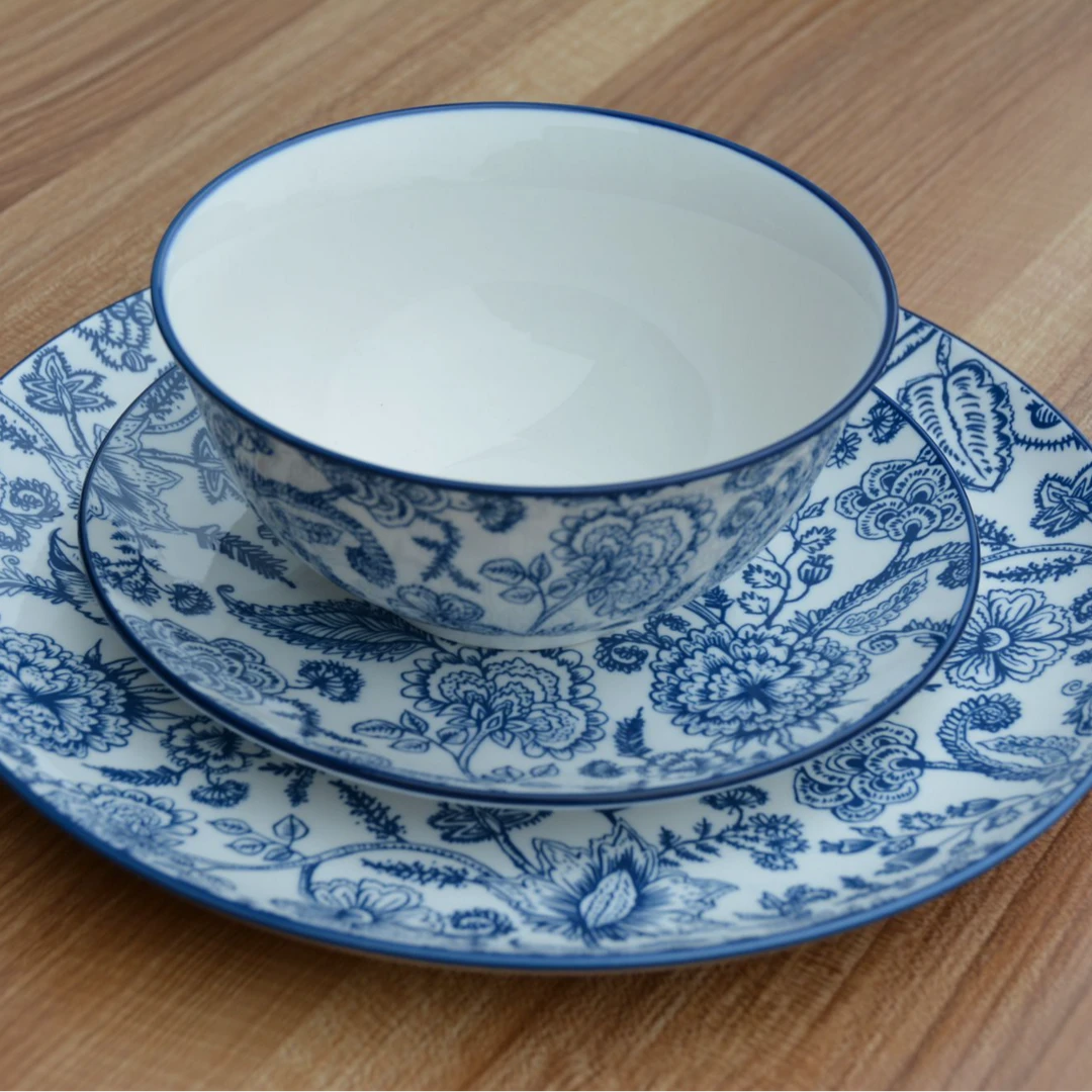 【出口款】高温釉下彩“蓝花”系列餐具 平盘盘子米饭碗稀饭碗