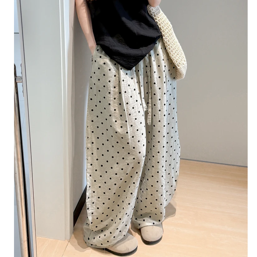 亚麻波点弯刀裤慵懒夏季薄款透气亚麻宽松显瘦高腰抽绳休闲拖地裤