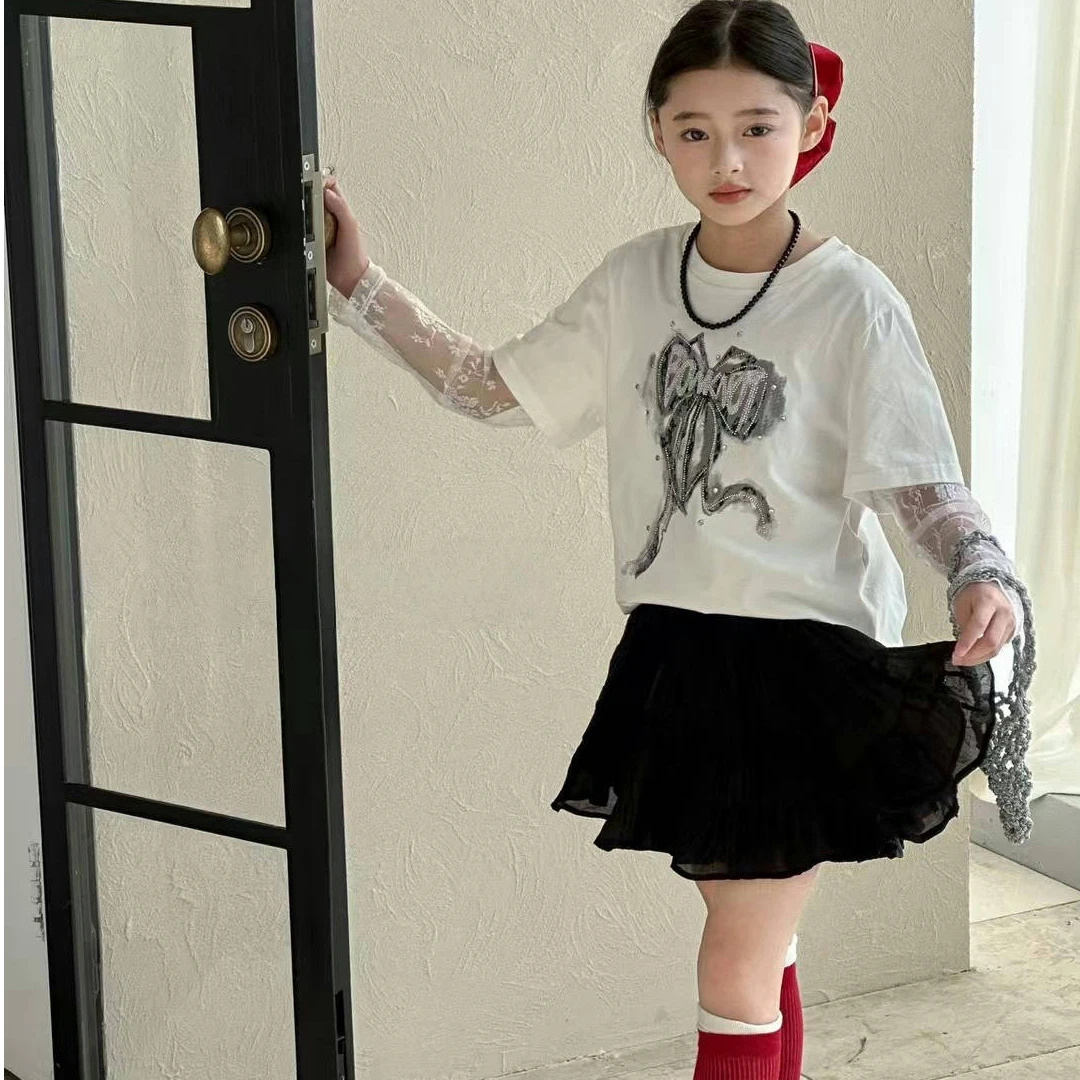 【苏舒童装】2025早春芭蕾风假两件拼接蕾丝烫钻印花长袖T恤25861