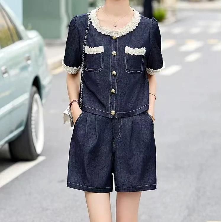 【锦衣服饰】HXYJ 8885韩系甜美蕾丝花边牛仔短外套短款套装