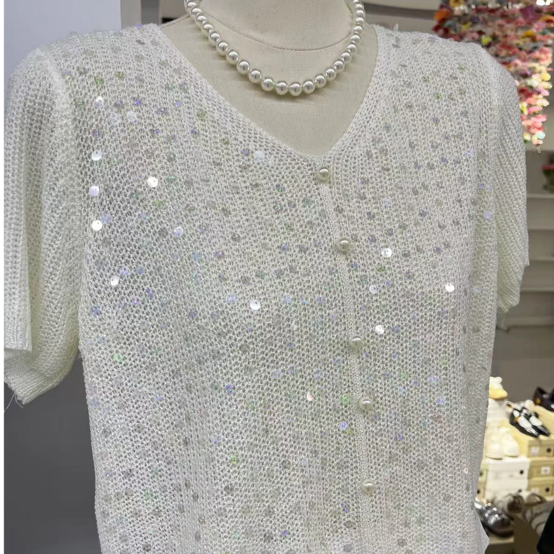 波西米亚风休闲气质夏季针织衫镂空轻奢亮钻