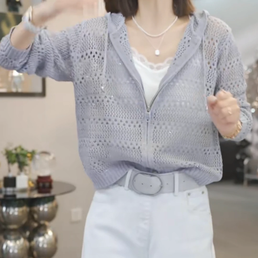 设计感拉链镂空长袖连帽针织开衫女2025春款时尚休闲气质连帽毛衣