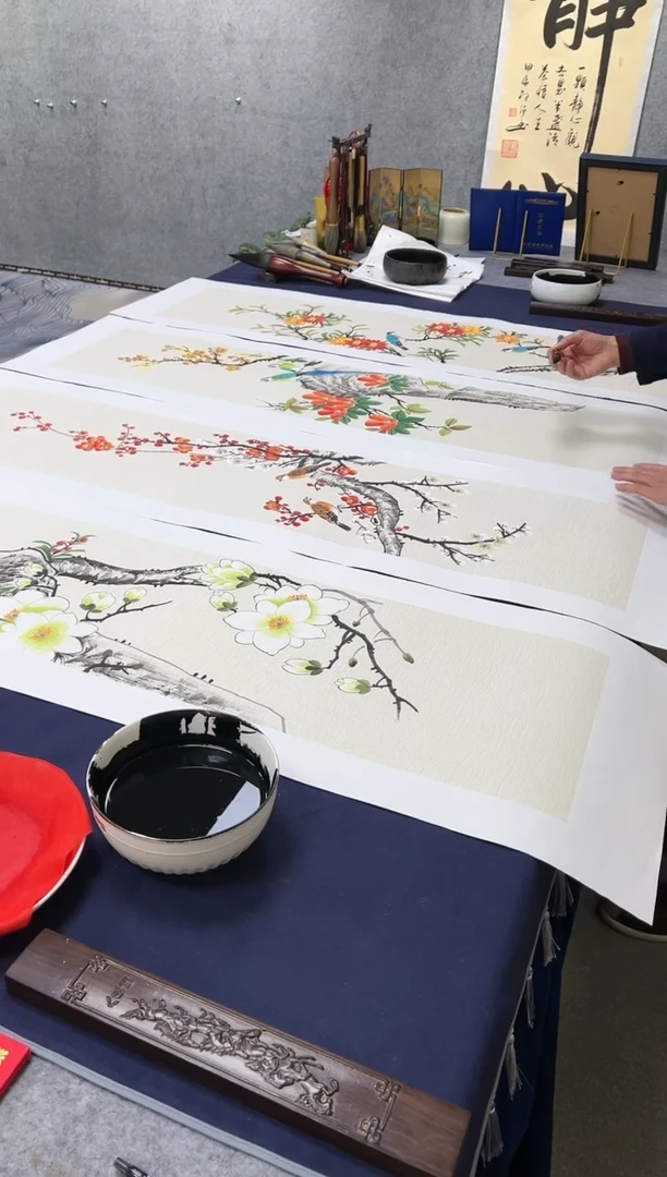 【闪购商品】书法邵强手绘【花鸟四条屏】150*45cm