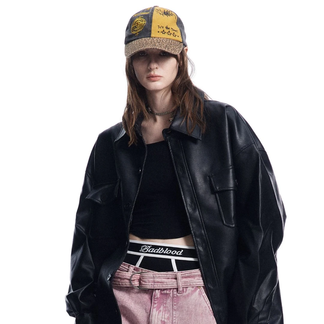 MaoQiaoYiPU皮纯色皮衬衫风皮夹复古克嘻哈外套上衣宽松【H】J24077