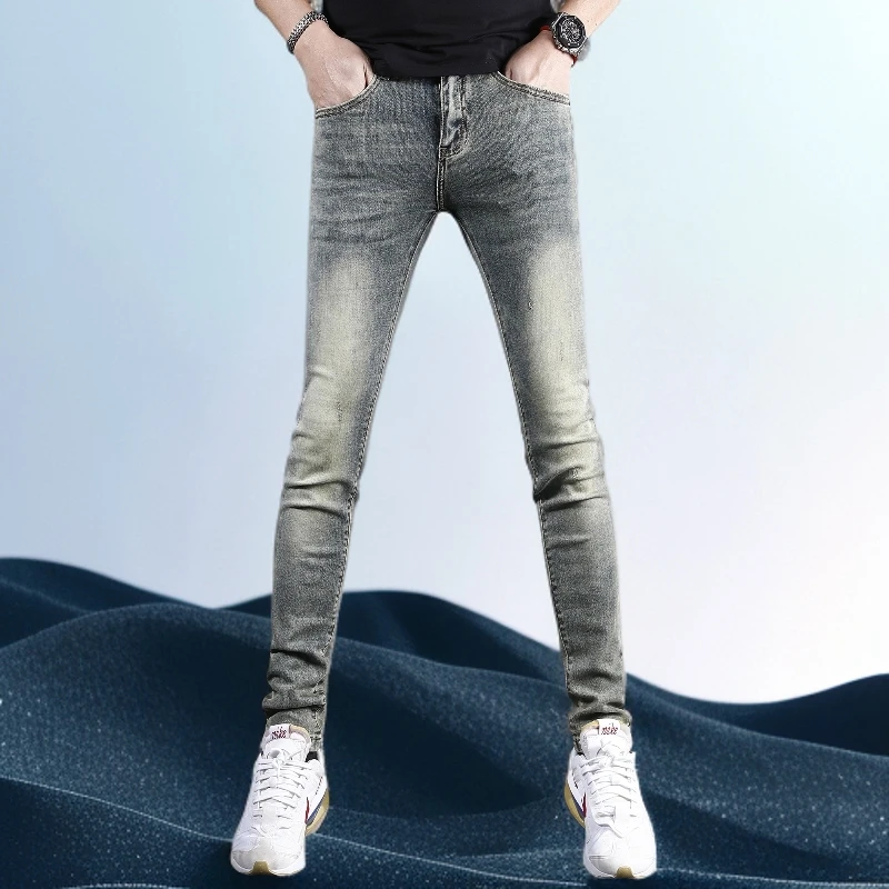 巴赛娜缇时尚复古牛仔裤男款修身小脚新款春夏季弹力男士裤子潮牌