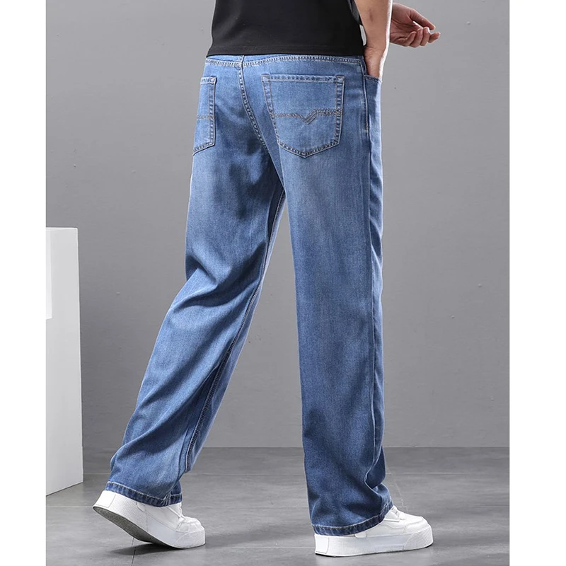 夏季男士冰丝牛仔裤薄款休闲裤子凉感男士高腰宽松直筒裤牛仔裤
