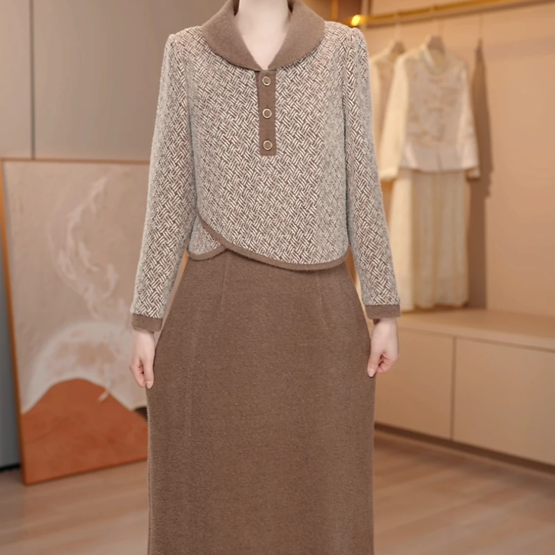 A463#[假两件]百搭大方显白连衣裙秋冬新款时尚裙