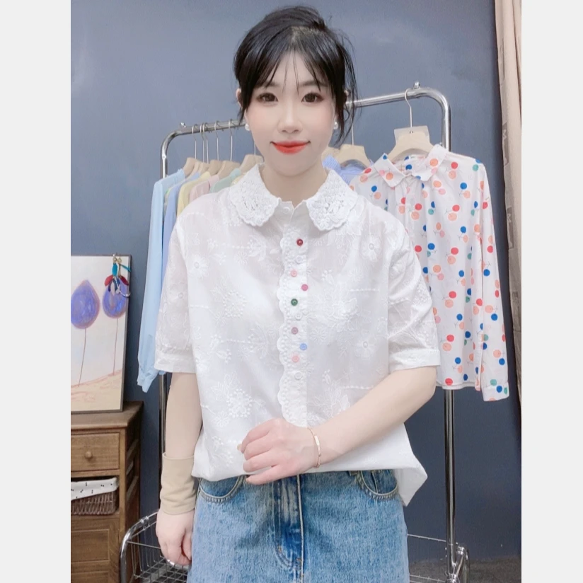 减龄仙女风夏款钩花娃娃领彩扣刺绣宽松百搭短袖衬衫女