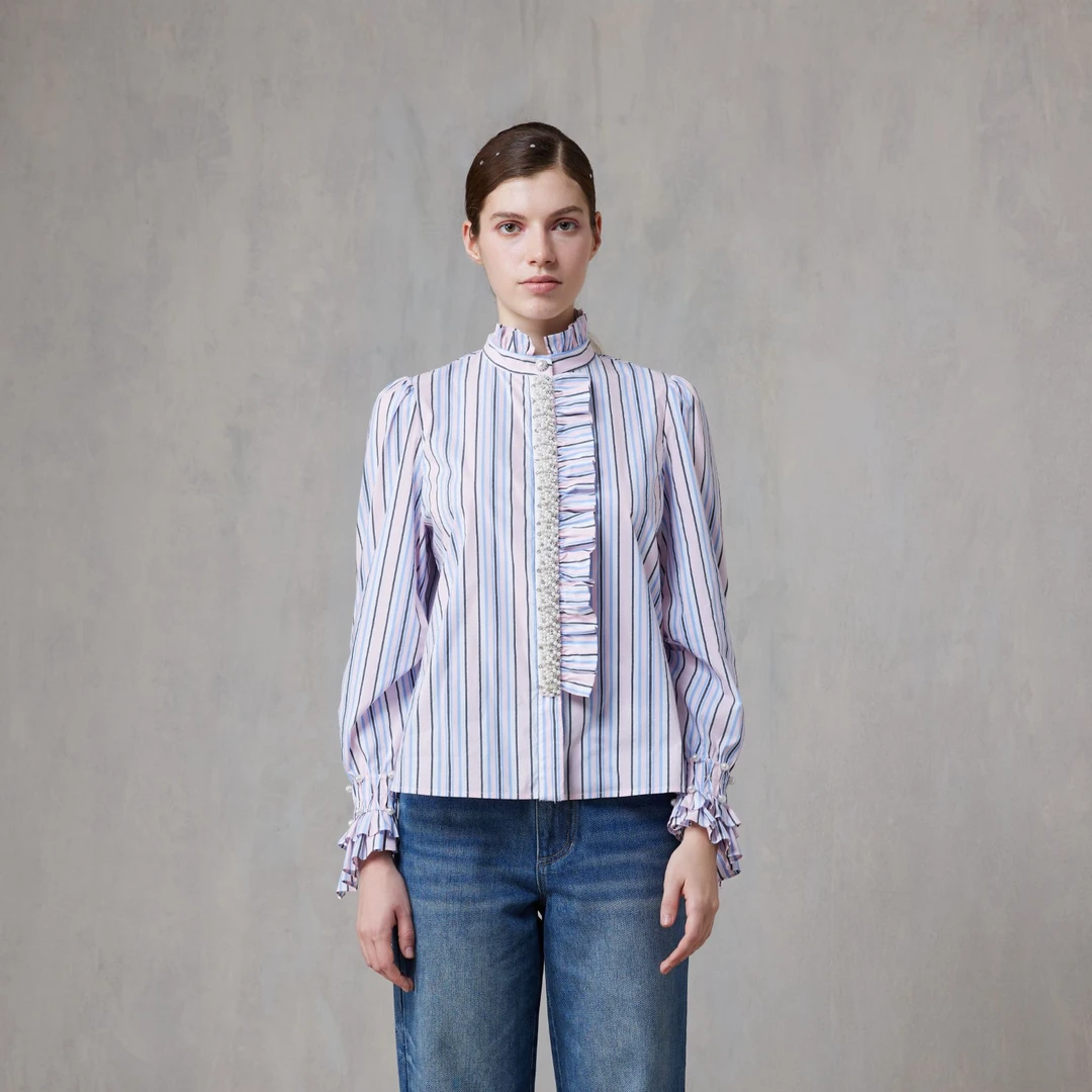 【媛媛专享】朝峰纽扣单排多扣条纹长袖休闲风衬衫CFF1B515-5015T