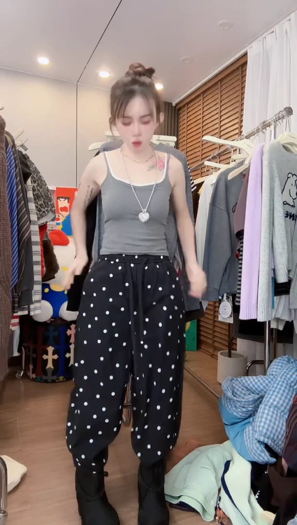 黑色波点长裤长裤