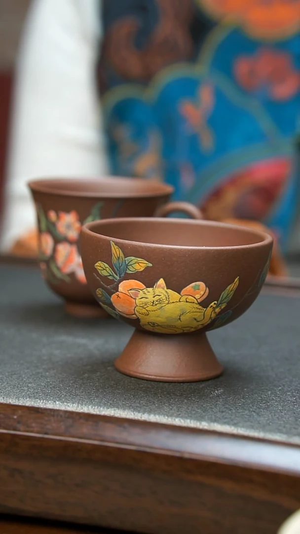 【闪购商品】紫砂茶壶橘猫高足杯