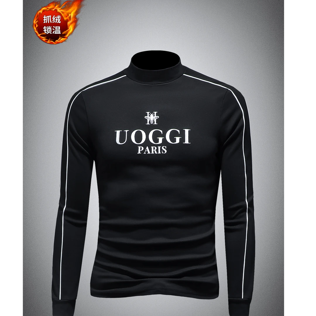 贾鲁萨加高端时尚秋冬潮牌半高领长袖卫衣男刺绣条纹修身抓绒打底