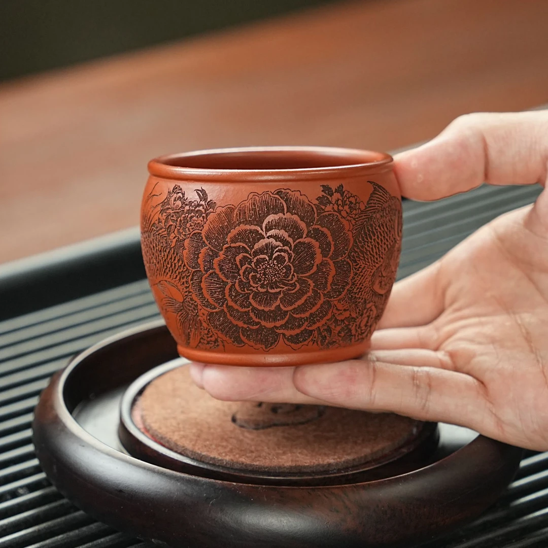 宜兴正宗原矿紫砂纯手工朱泥富贵有余大容量高档品茗杯主人杯ZXJ