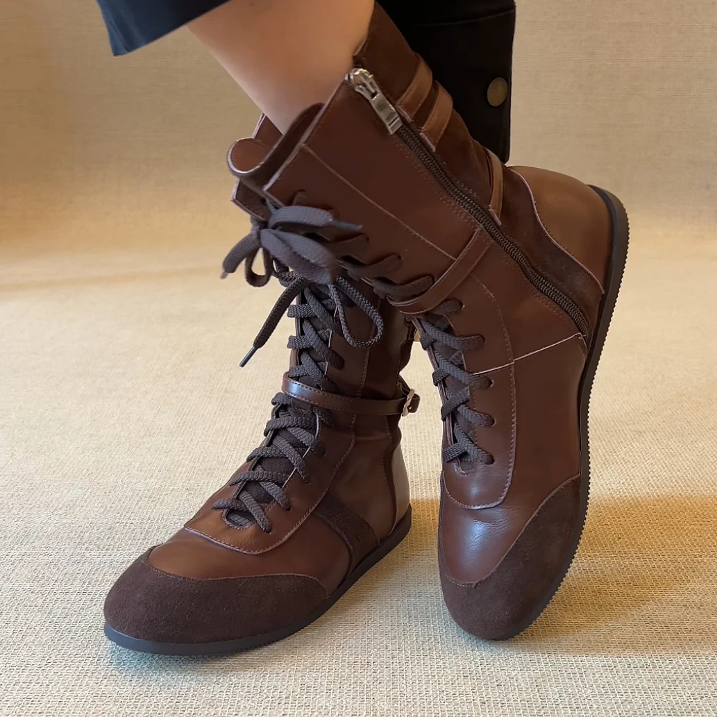 RubyL/1cm新款复古休闲通勤百搭拼色系带皮带扣圆头平底短靴女款