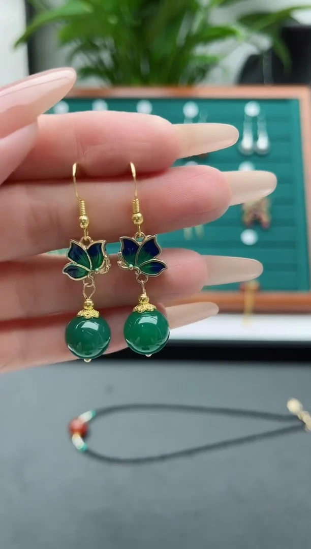 【闪购商品】玛瑙/玉髓耳饰银S925镀金镶嵌8822绿色