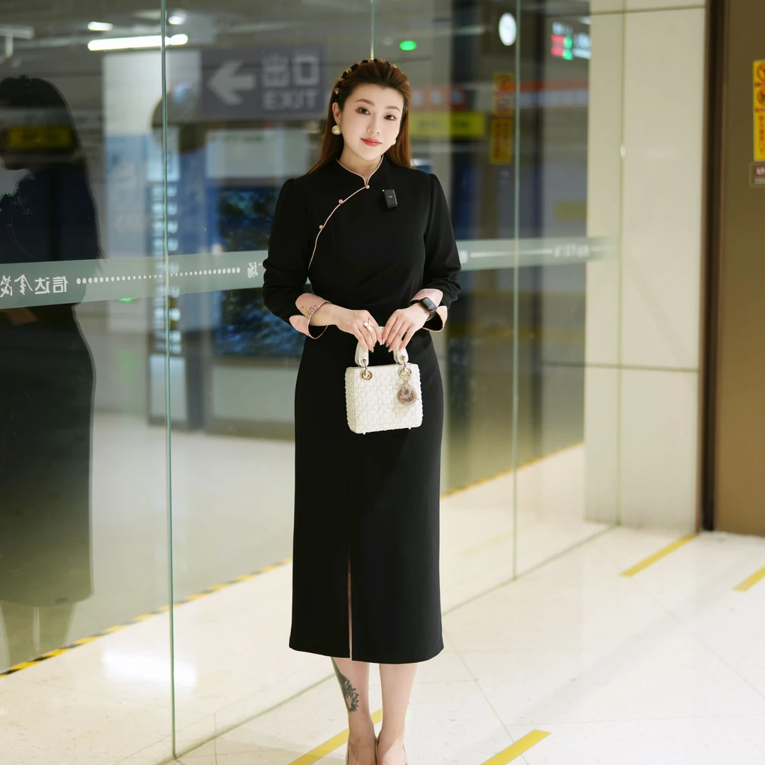 XYD71704秋季旗袍长裙端庄优雅立领大码女装修身弹力连衣裙