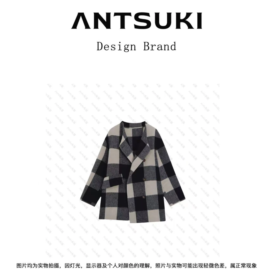 【AnTsuki】【达尔文2.0】2024秋冬新款法式复古格子羊驼毛大衣外套