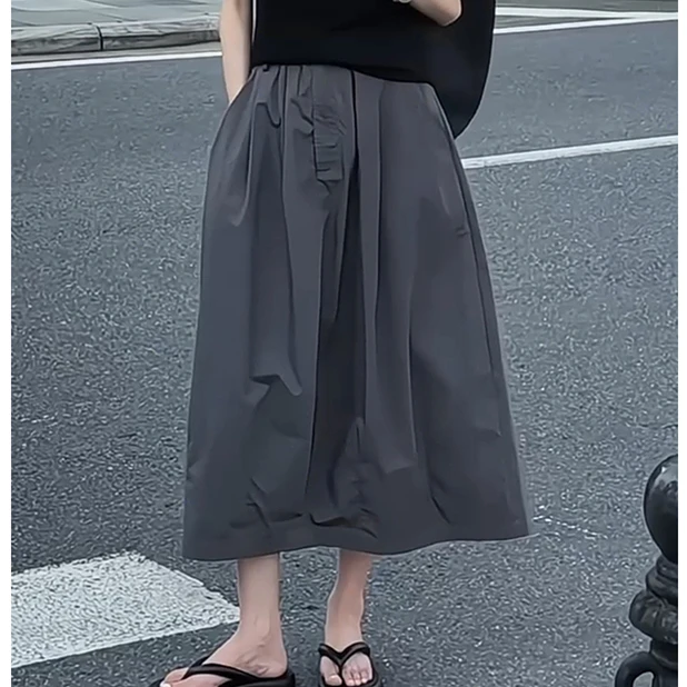 法式高级感灰色半身裙女夏季2025新款松紧高腰显瘦休闲工装中长裙