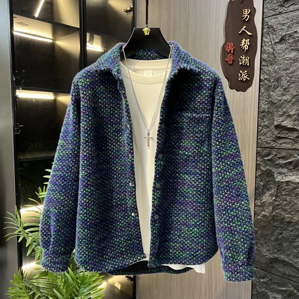 秋季新款高级感痞帅风男士小香风编织翻领衬衫燕尾式百搭休闲外套